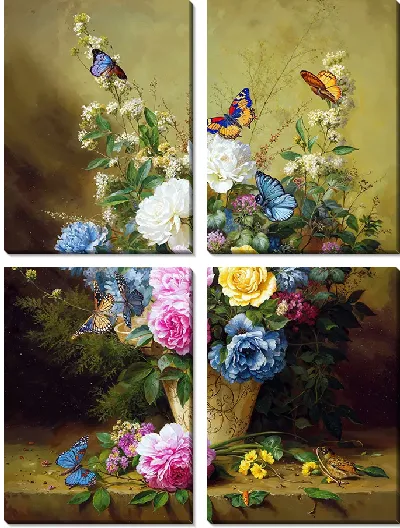 Модульная картина Натюрморт с букетом цветов и бабочек