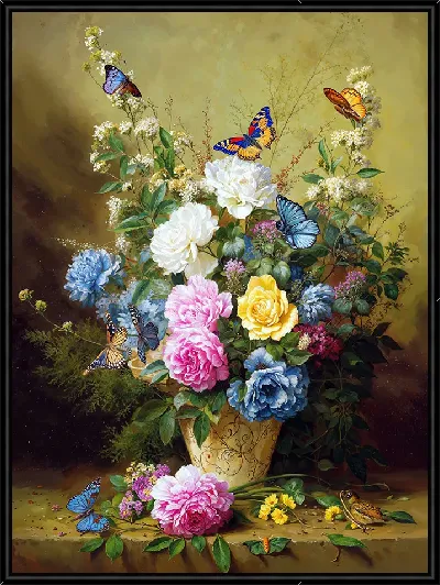 Картина Натюрморт с букетом цветов и бабочек
