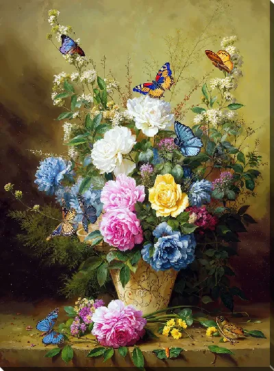 Постер Натюрморт с букетом цветов и бабочек