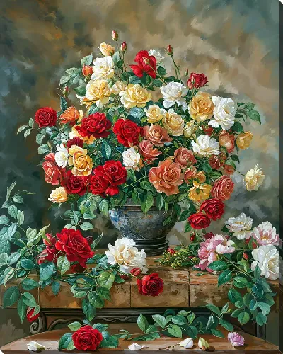 Картина маслом Разноцветные розы в кашпо