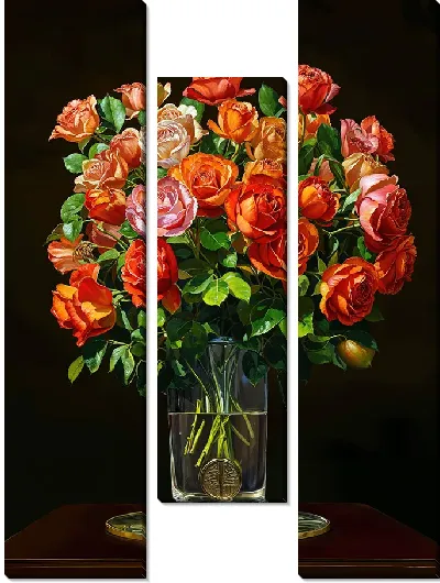 Модульная картина Красные розы на черном фоне