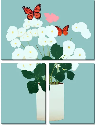 Модульная картина Белые цветы и бабочки