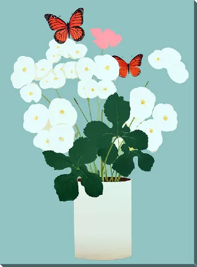 Картина маслом Белые цветы и бабочки