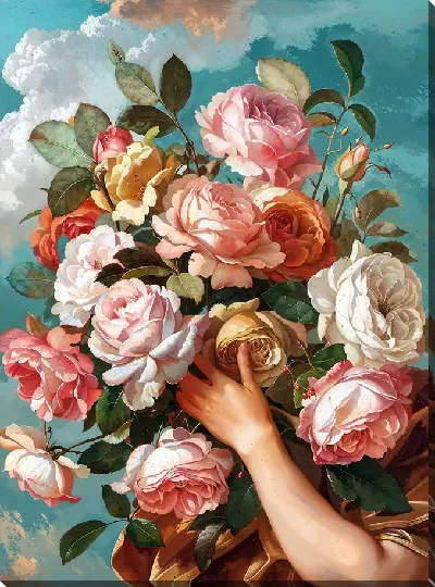 Картина маслом Обнявшись с букетом роз