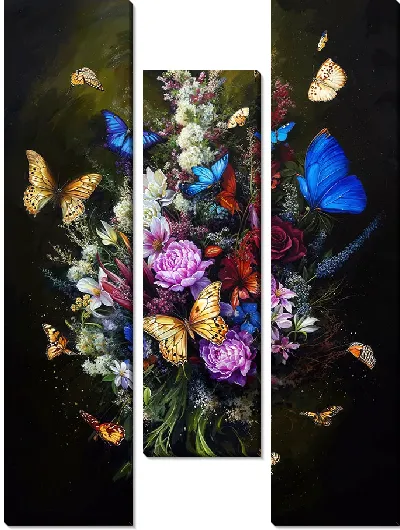 Модульная картина Цветы и бабочки на черном фоне