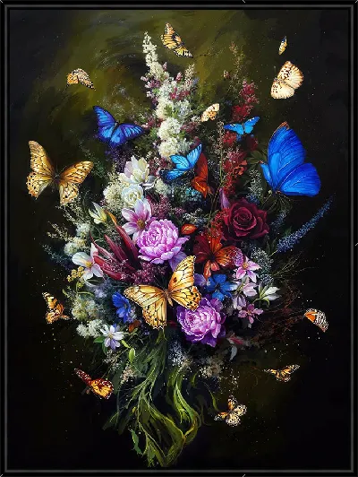 Картина Цветы и бабочки на черном фоне