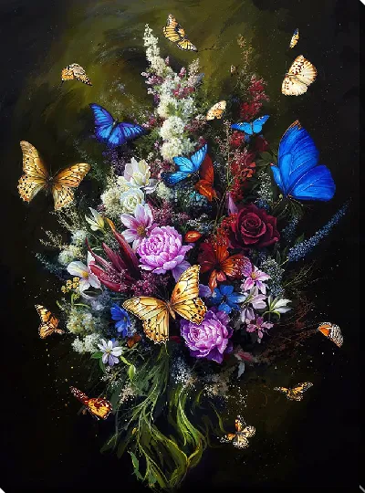 Постер Цветы и бабочки на черном фоне
