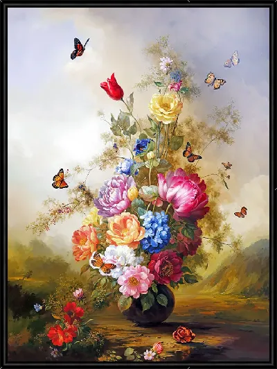 Картина Букет цветом и бабочки на природе