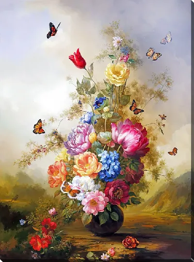 Картина маслом Букет цветом и бабочки на природе