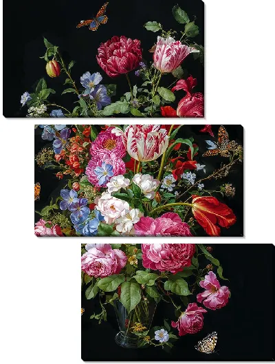 Модульная картина Букет ярких цветов на черном фоне и бабочки