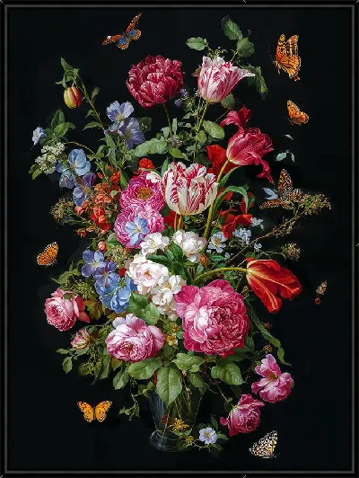 Картина Букет ярких цветов на черном фоне и бабочки