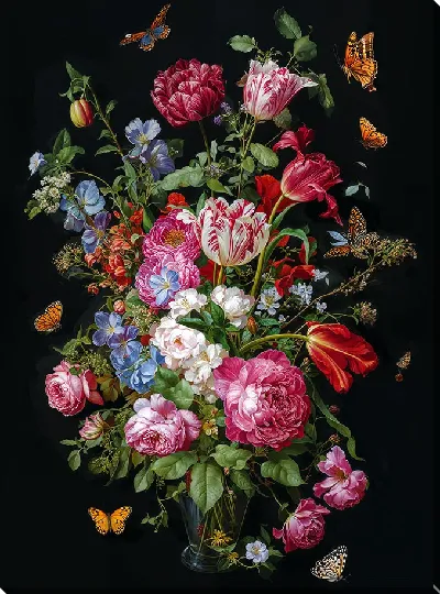 Постер Букет ярких цветов на черном фоне и бабочки