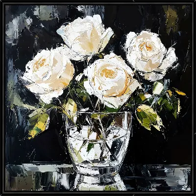 Картина Белые розы на черном фоне №77