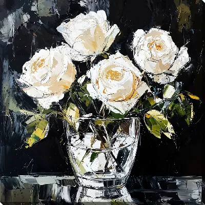 Картина маслом Белые розы на черном фоне №77