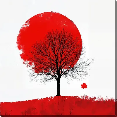 Картина маслом Черное дерево на фоне красного Солнца