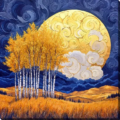 Картина маслом Березы на фоне золотой полной Луны