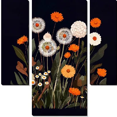 Модульная картина Цветы на черном фоне №4