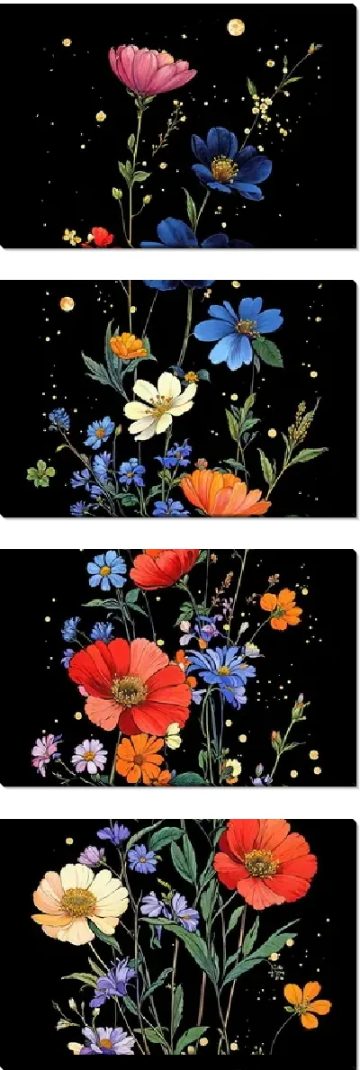 Модульная картина Цветы на черном фоне №9