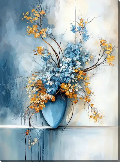 Картина маслом Синие и желтые цветки в голубой вазе