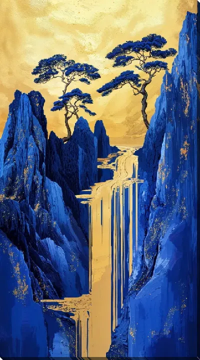 Картина маслом Золотой водопад и горы