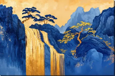 Картина маслом Золотой водопад и горы №2