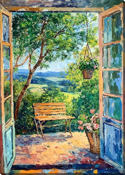 Картина маслом Открытое окно и скамейка