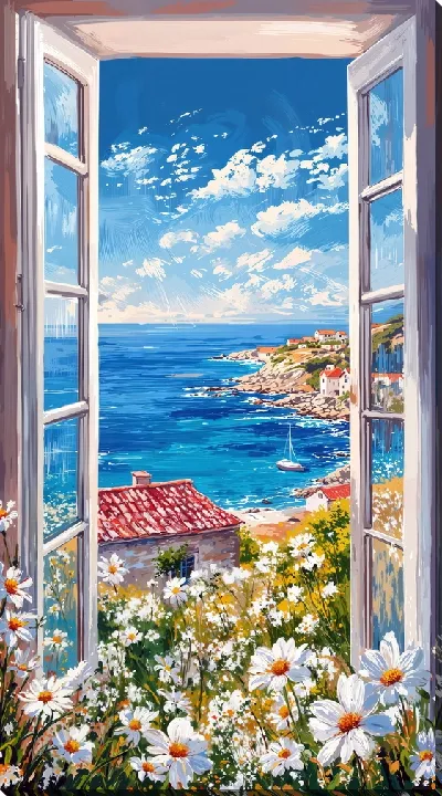 Картина маслом Открытое окно с видом на море  №11