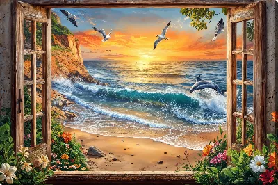 Картина маслом Открытое окно с видом на море и волны