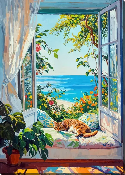 Картина маслом Открытое окно с отдыхющим котиком