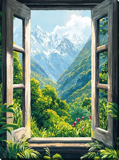 Картина маслом Открытое окно с видом на горы