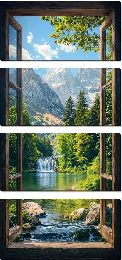 Модульная картина Открытое окно с видом на озеро и водопад