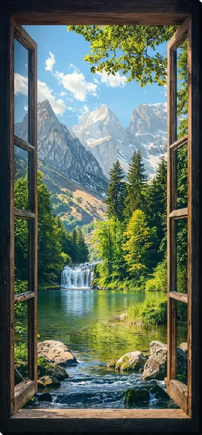 Картина маслом Открытое окно с видом на озеро и водопад
