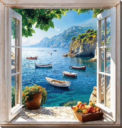 Картина маслом Открытое окно с видом на лодки