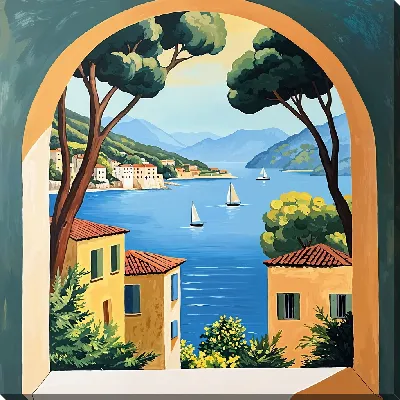 Картина маслом Открытое окно с итальянским пейзажем