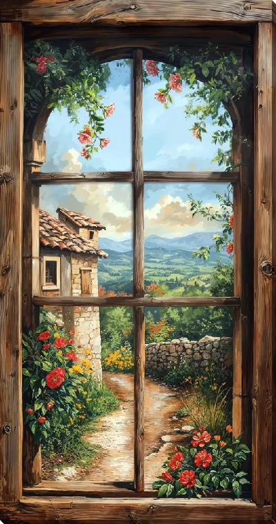 Картина маслом Старое окно с видом на тропинку