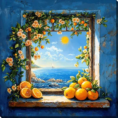 Картина маслом Распахнутое окно и апельсины