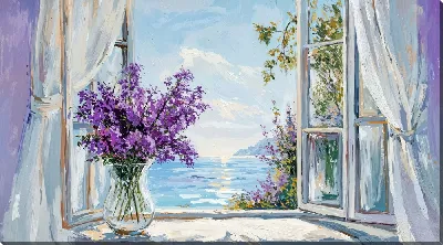 Картина маслом Распахнутое окно и букет цветов