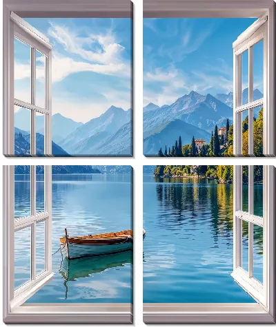 Модульная картина Распахнутое окно и лодка на озере