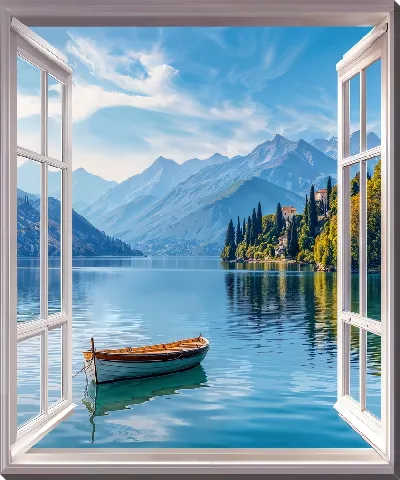 Картина маслом Распахнутое окно и лодка на озере