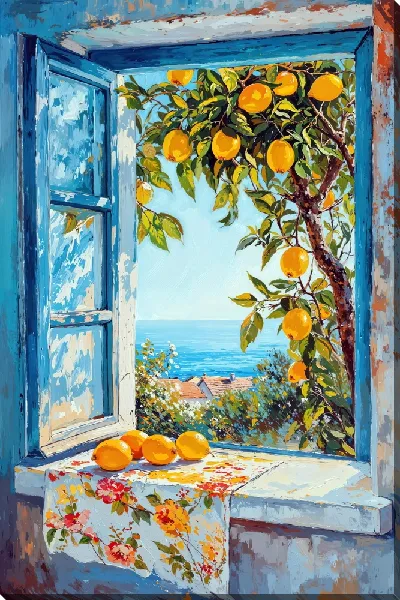 Картина маслом Распахнутое окно и лимоны