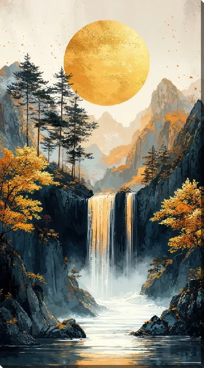 Картина маслом Водопад и горы с золотым Солнцем