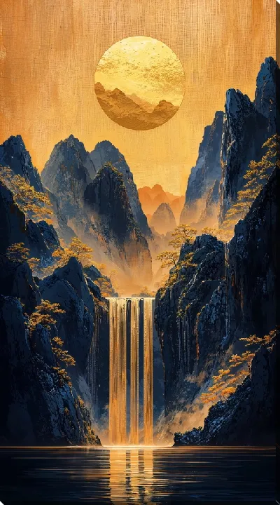 Картина маслом Водопад и горы с золотым Солнцем в сумерках