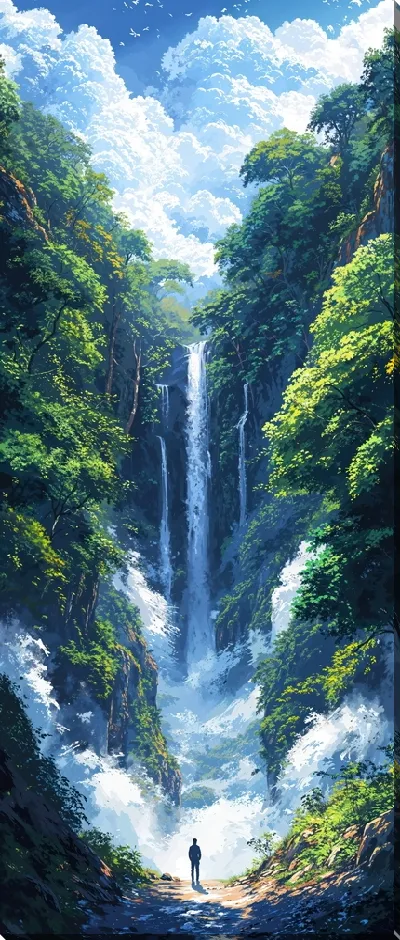 Картина маслом Водопад и человек