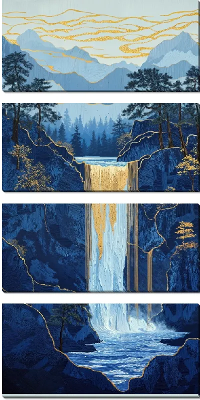Модульная картина Водопад с голубой водой и позолотой