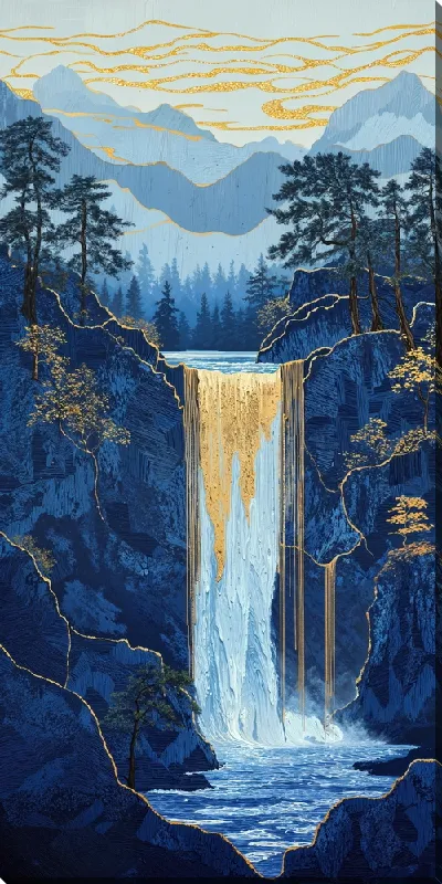 Картина маслом Водопад с голубой водой и позолотой