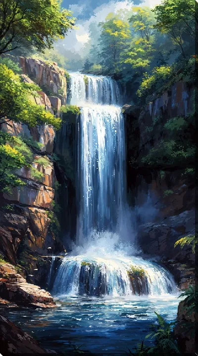 Картина маслом Водопад в лучах солнца