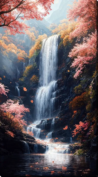 Картина маслом Водопад и начало осени