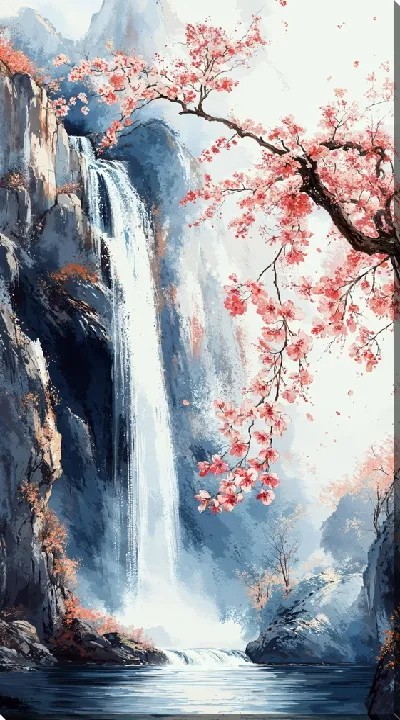 Картина маслом Водопад и цвентущая сакура