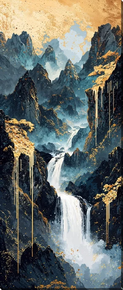 Картина маслом Водопад и горы в китайском стиле