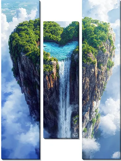 Модульная картина Водопад из водного сердца летающего острова